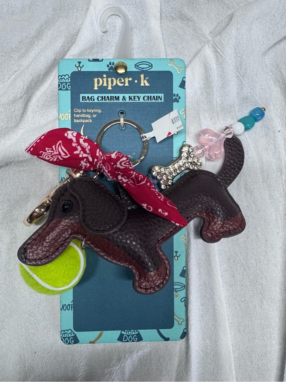 Piper k Brown Dachshund Bag Charm with Red Bandana and Green Tennis Ball